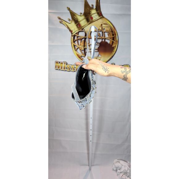 Handmade Blue Denim Studded Shoulder Bag with Pocket Detail - Picture 3 of 4